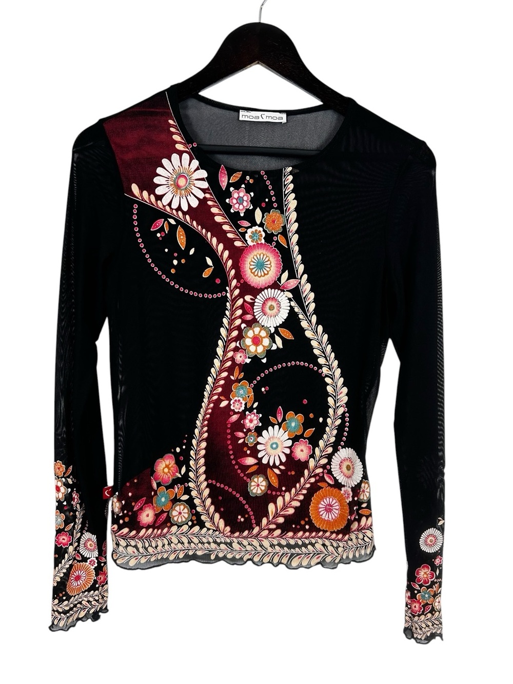 Moa Moa Mesh Long Sleeve Top Women's Size Medium Black Floral Y2K